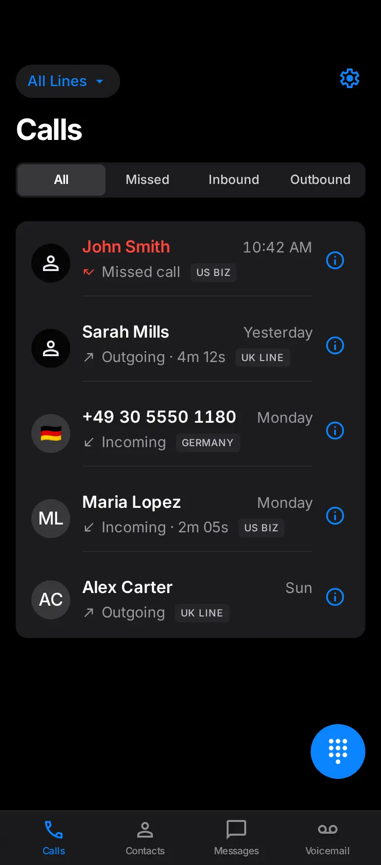 Arynto Calls — recent calls across every line, each with its own line badge