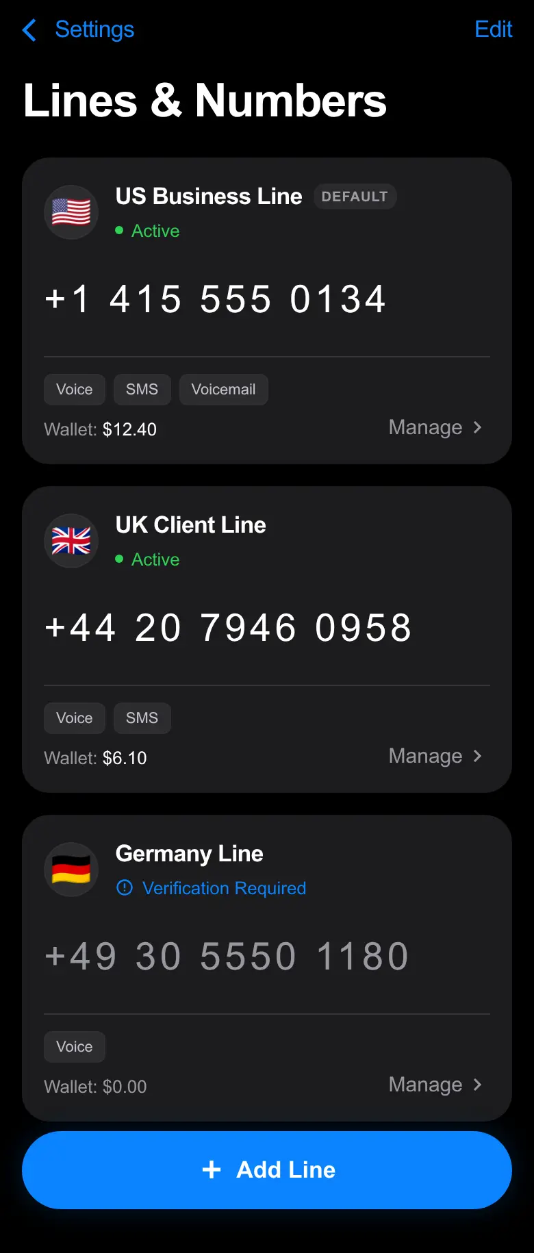 Arynto Lines & Numbers — a wallet-style card for each line with status and balance