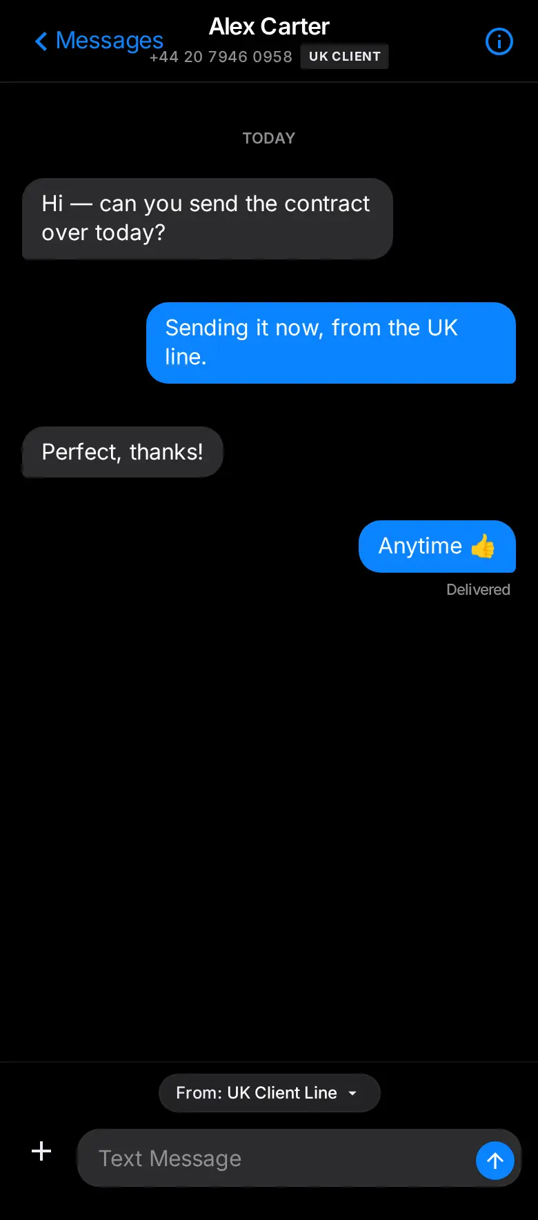 Arynto Messages — a conversation with the From-line selector in the composer
